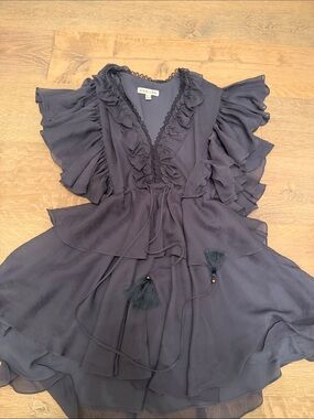 Maeve Slate Ruffle Tassel V-Neck Tunic